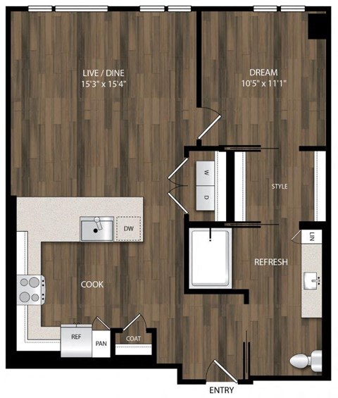 Floor plan for 1 bed, 1 bath, 815 sqft